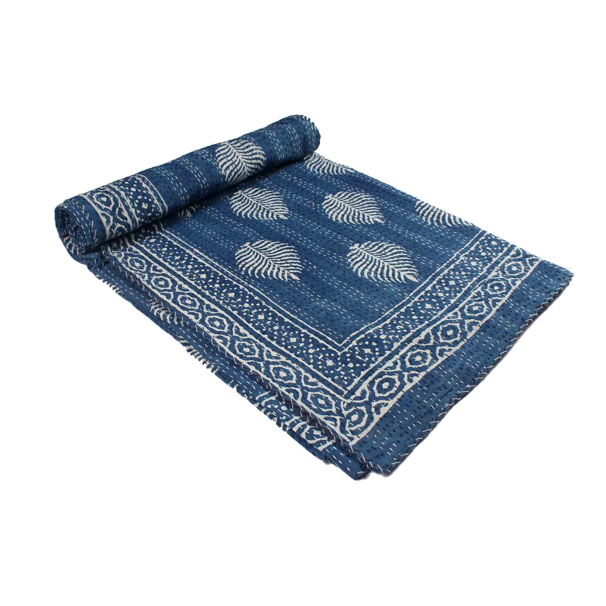Couvre-lit Kantha indigo jeté de lit coton fait main couverture motif feuilles