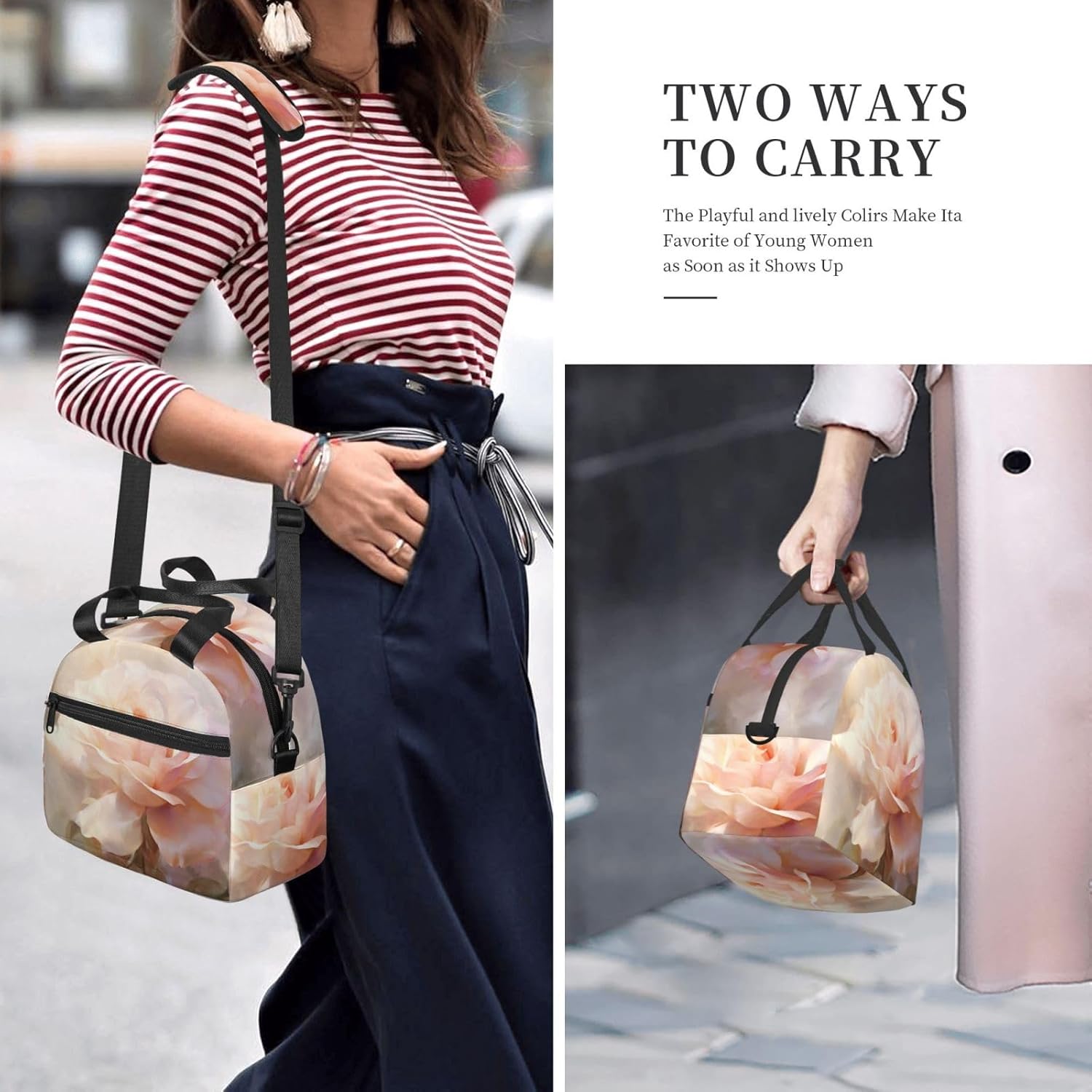 Rose Floral Pattern Flower Print Reusable Lunch Bag Insulated Lunch Boxes for Office Work Picnic Tote Bag Adjustable