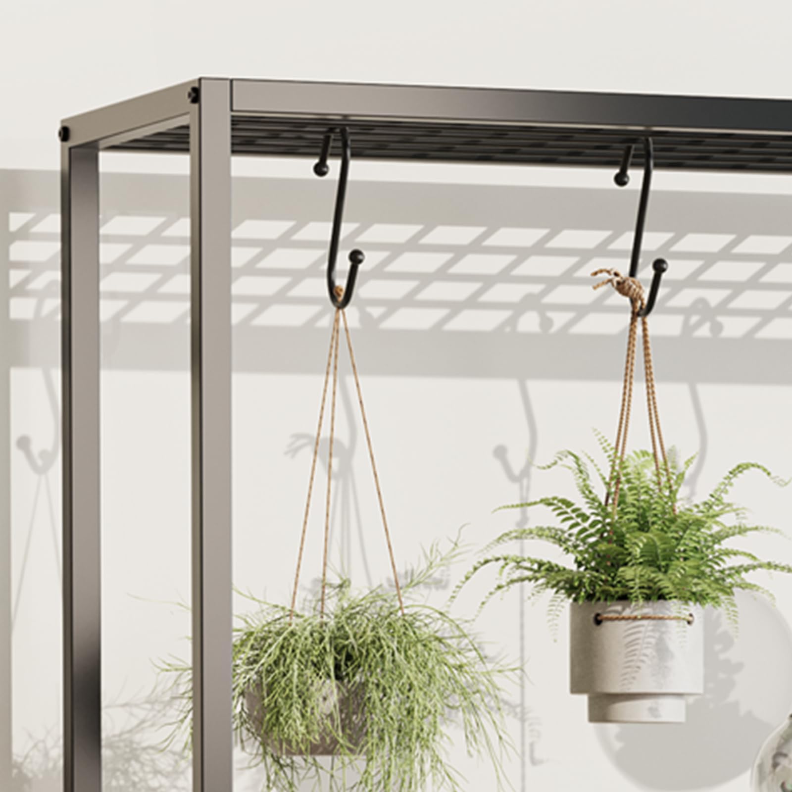 Stojak na rośliny z haczykami, 5-poziomowy, regał na rośliny, stojak na kwiaty, do użytku wewnątrz i na balkon, metal i materiały drewnopochodne, brązowy, 180 x 100 x 30 cm