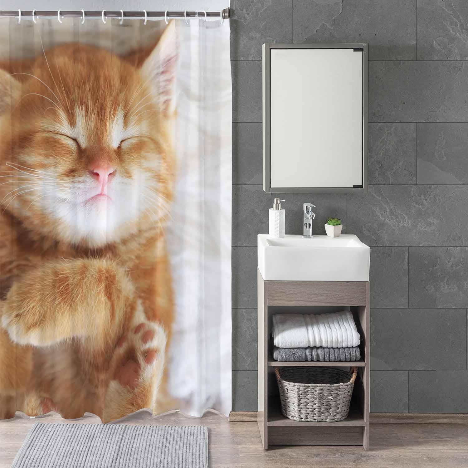 Woutay Shower Curtain Mould Proof Resistant Cute Sleeping Kitten,Water Repellant Fabric,Polyester,with 12 Plastic Hooks - Image 3