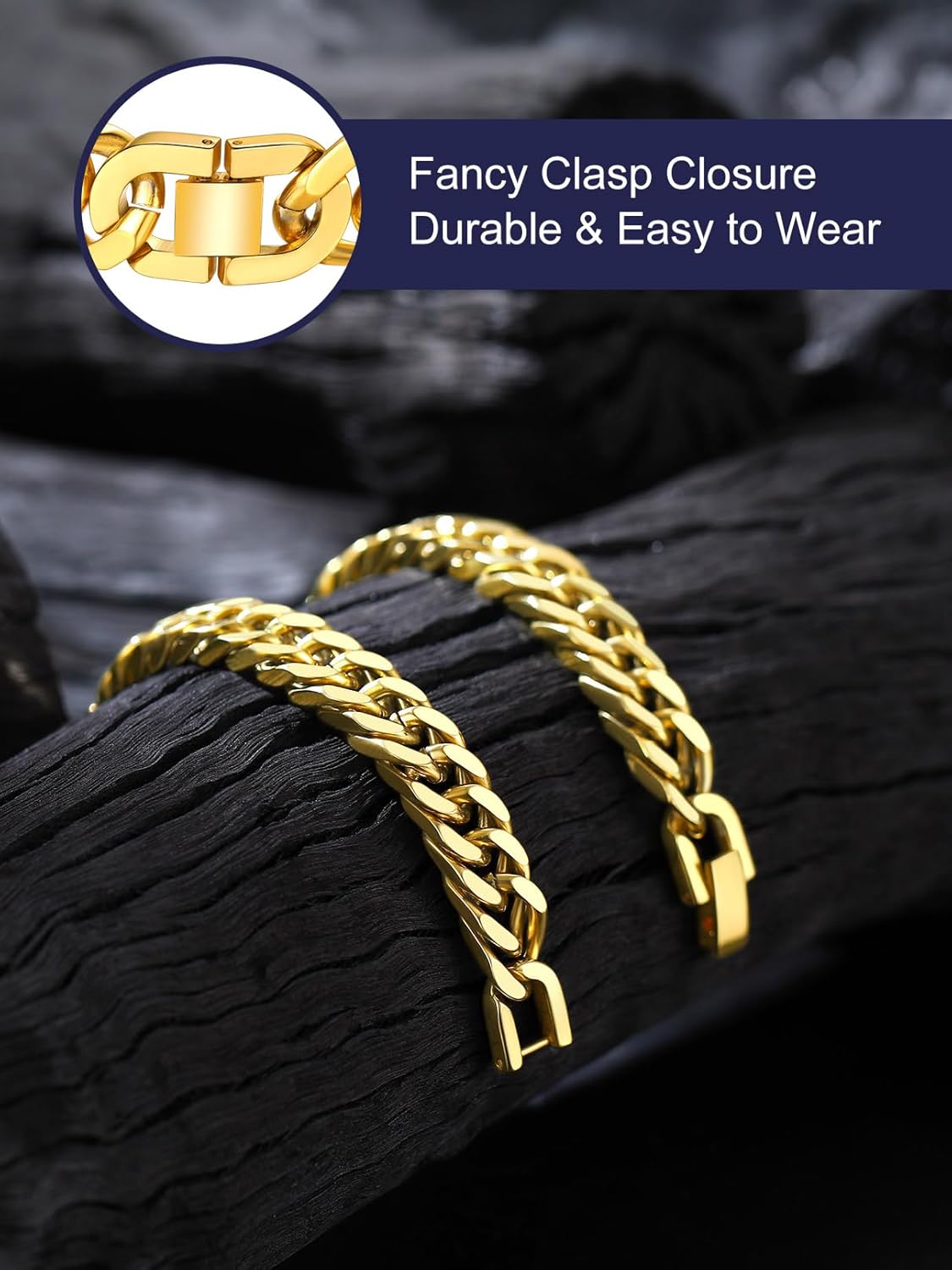 Bandmax Cuban Chain Bracelets for Men Women, Stainless Steel/Black/Gold Plated Hip Hop Chunky Miami Curb Link Wristlet Bracelet Gift for Son Grandson Husband Father - Image 3