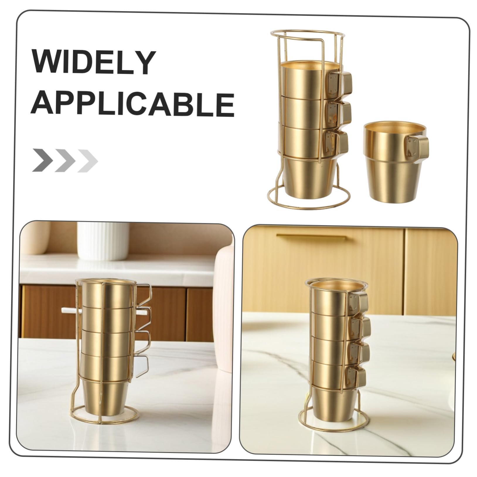 Ipetboom Tazas de Acero Inoxidable Apilables con Soporte Dorado Doble Pared Aislante Anti-escaldado Asa para Café Té y Bebidas Frías Resistentes y Seguras