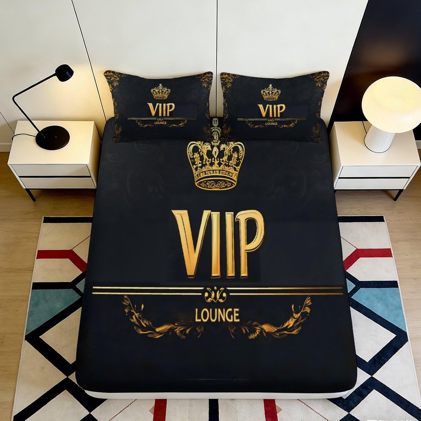 3D Printed Crown VIP Lounge Fitted Sheet Microfiber Black Gold Bed Cover for Bedroom Dorm Guest Room Mattress Protection 160x200x25cm