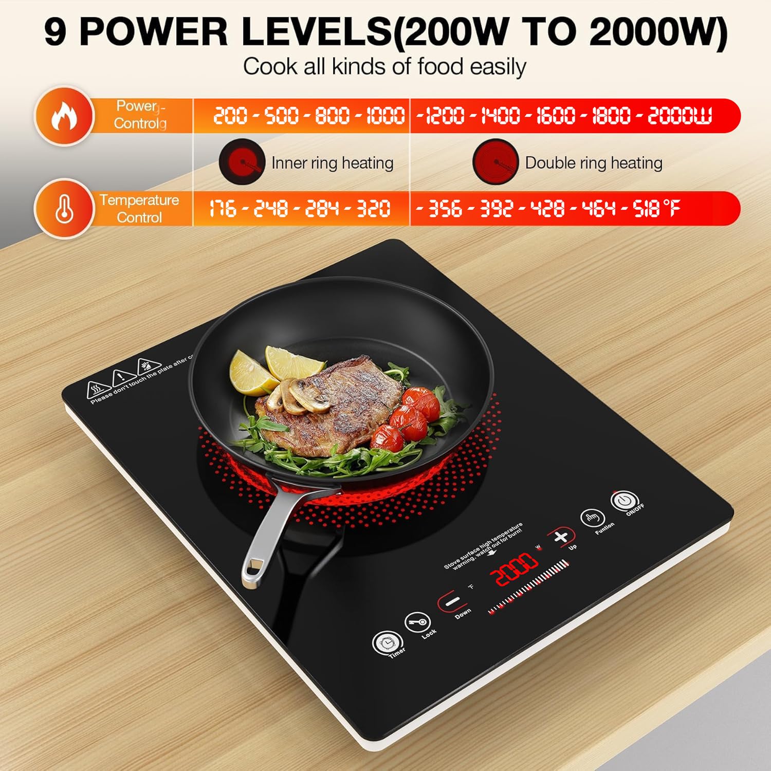 VBGK Electric Ceramic Hob with Plug-in, Single Electric Hob, Single Cooking Zone with LCD Touch Screen, 4-Hour Timer, 9 Power Levels Up to 2000W, Safety Lock, 220-240V — view 7