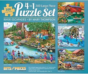 Bits and Pieces - 4-in-1 Multi-Pack - 300 Piece Jigsaw Puzzles for Adults-Each Measures 16" x 20" (46 cm x 61 cm)-River Escapades by Artist Mary Thompson