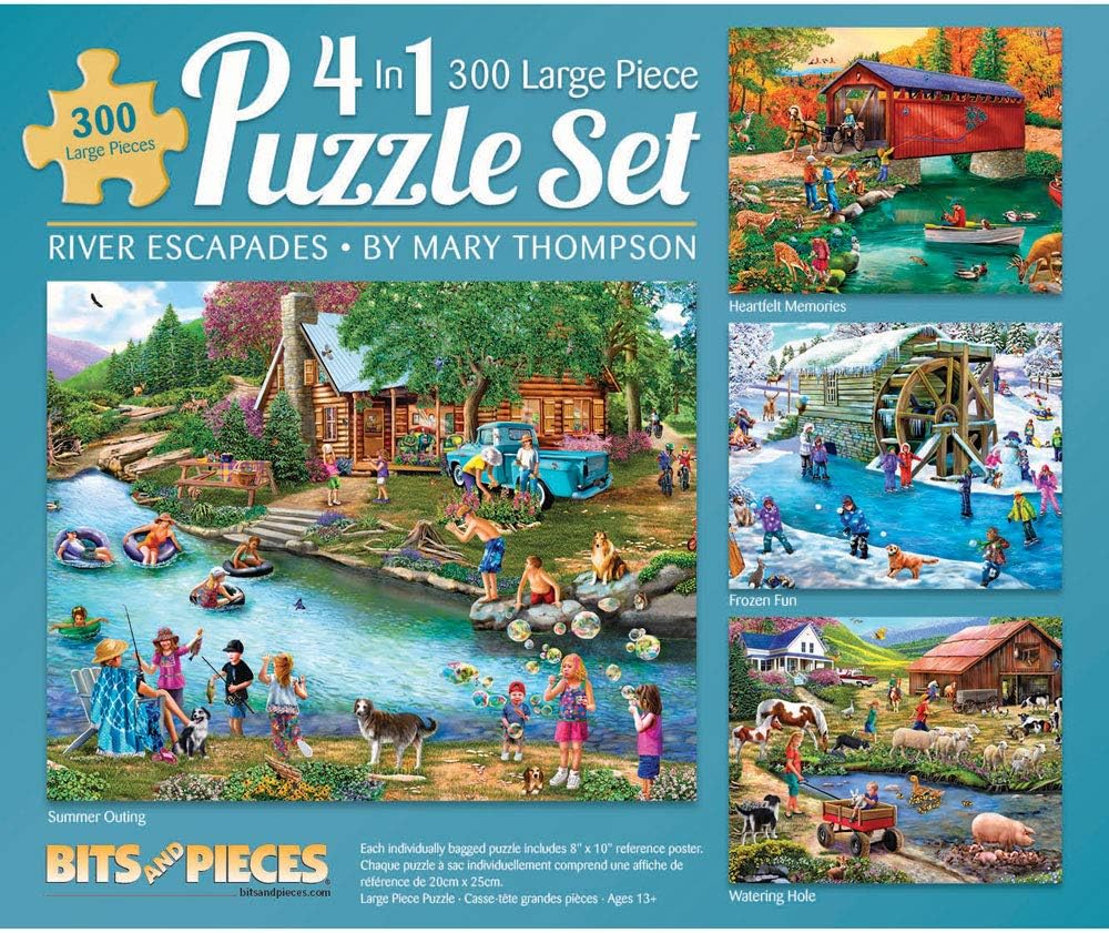 Bits and Pieces – 4-in-1 Multi-Pack 300 Piece Jigsaw Puzzles for Adults – River Escapades by Artist Mary Thompson, Completed Puzzle Size: 16" x 20"