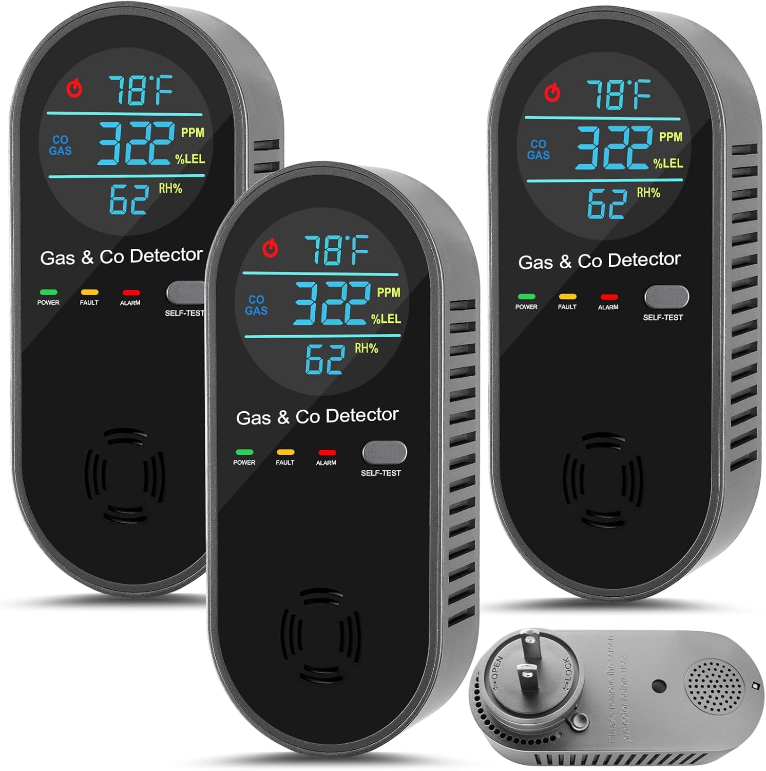 3 Pack Carbon Monoxide Detectors Plug in, 4-in-1 Combination Gas & Carbon Monoxide Detectors with Voice Alerts, Portable CO Gas Detector with Fahrenheit(F) & Humidity Sensor for Home, Hotel, RV