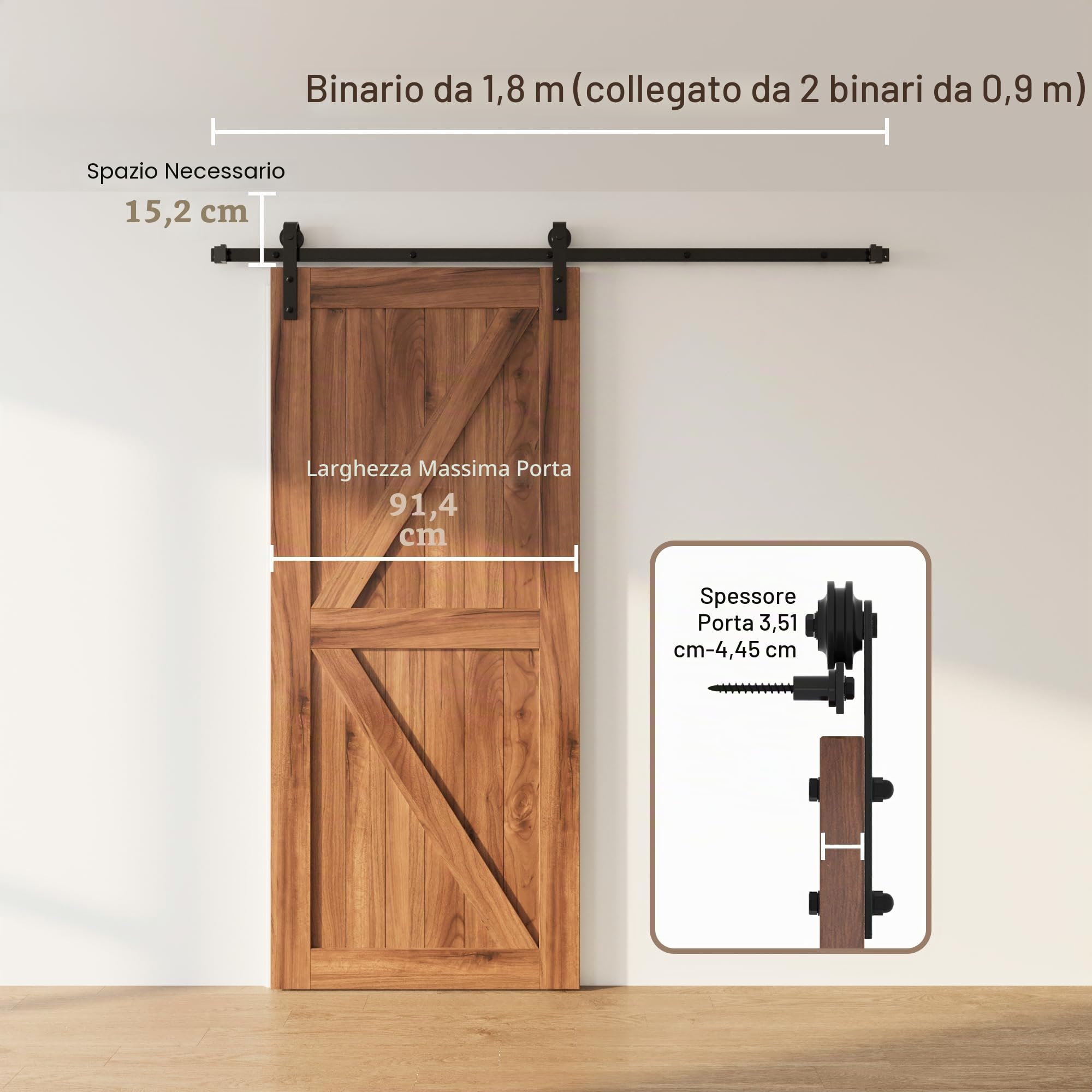WINSOON 6FT/183cm Binario per Porta Scorrevole Singola Pesante Nero Kit Porta Scorrevole Esterno Muro Forma J (Nessuna Porte)