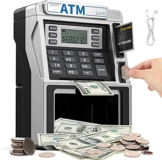ATM Piggy Bank for Kids Rechargeable, Power-Off Memory for Real Money Safe with Debit Card, Coin Recognition,Bill Feeder,Balance Calculator, Kids ATM Machine for Boys Girls