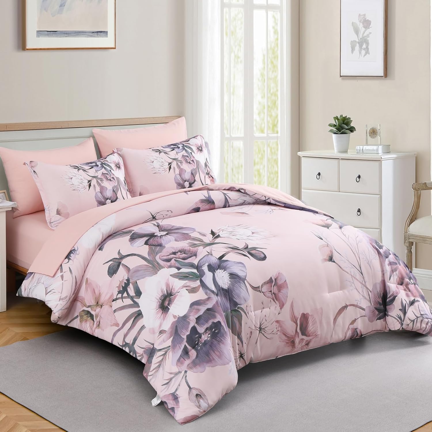 Luxudecor Floral Comforter Set King Size 7 Piece, Blush Pink Flower Bed in a Bag, Elegant Comforter Bedding Set for All Season (Blush Pink, 104"x90") - Image 2