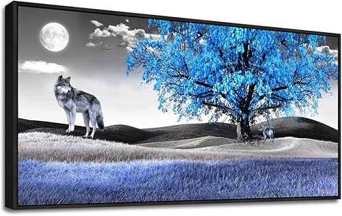 Miniatura 12 de Lienzo decorativo para pared de sala de estar, baño, decoración de pared, paisaje en blanco y negro, árbol azul, luna, pintura para colgar, Árboles