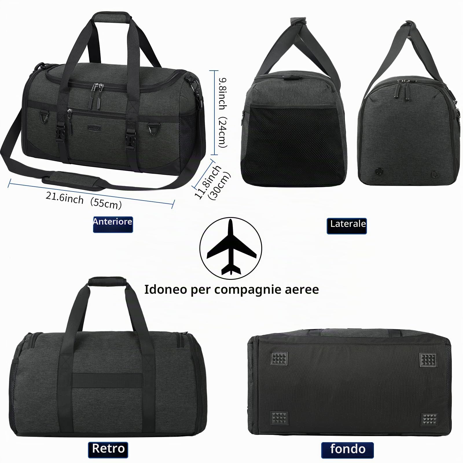 Lubardy Borsone Palestra Uomo Donna 55L Impermeabile Borsone da Viaggio Grande con Asciugamano Palestra e Scomparto Scarpe Duffel Bag Borsa Sportiva Nuoto Nero
