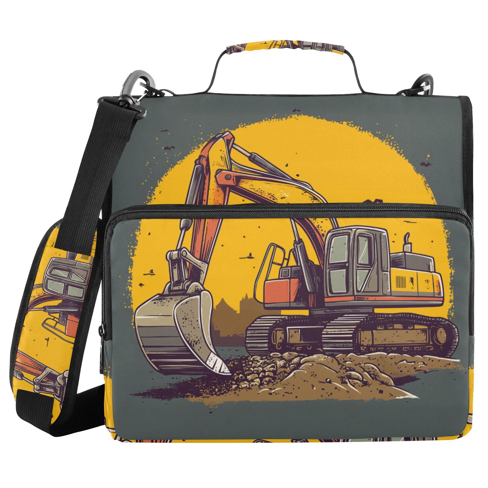 Excavator 3 Ring Zipper Binder with Shoulder Strap for School Office Organizer Storage