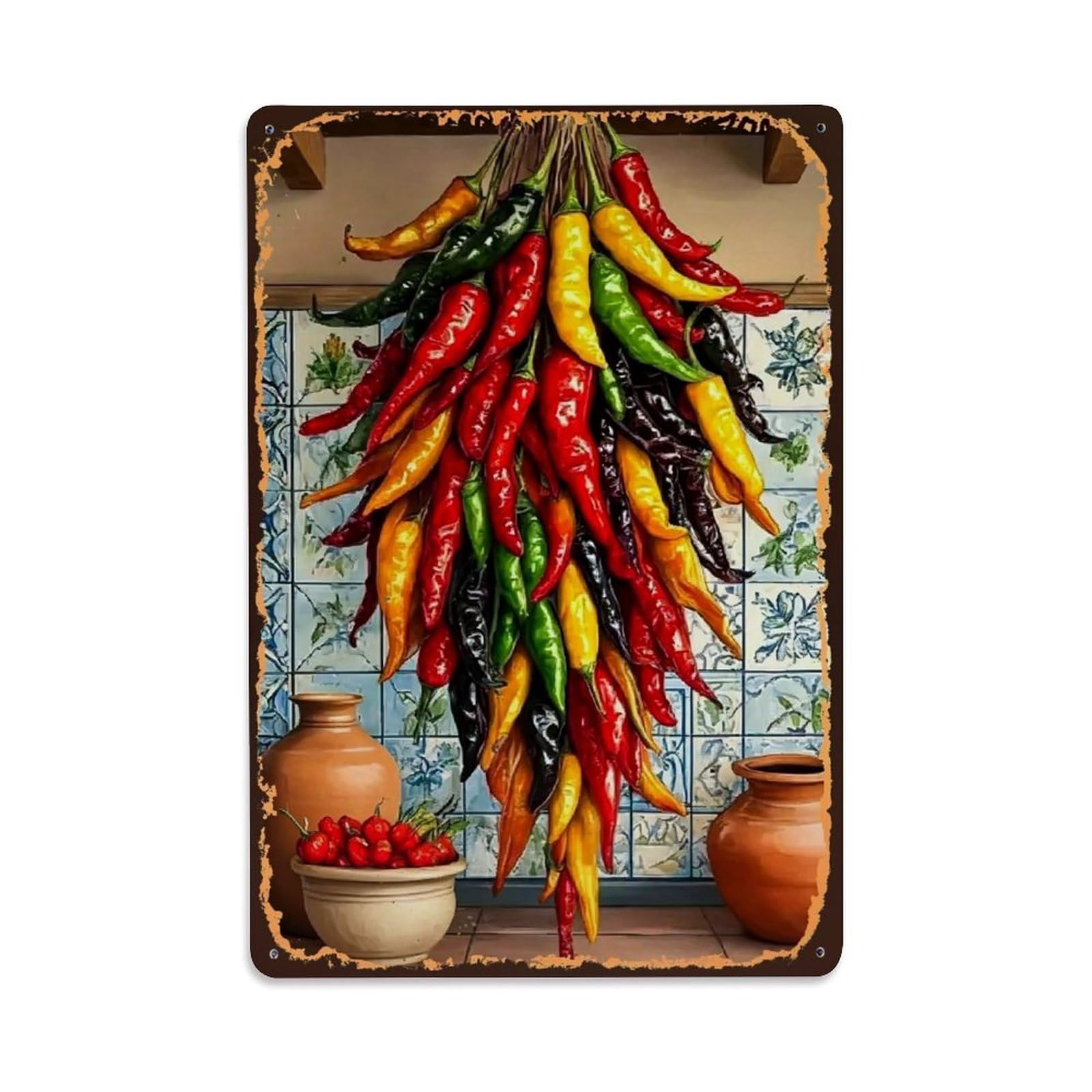 Nestemfo Vintage Colorful Chili Peppers Hanging Bundle Tin Sign Metal Sign, Living Room,Bar, Home, Bedroom Wall Decor,Retro Metal Poster 8X12 Inches