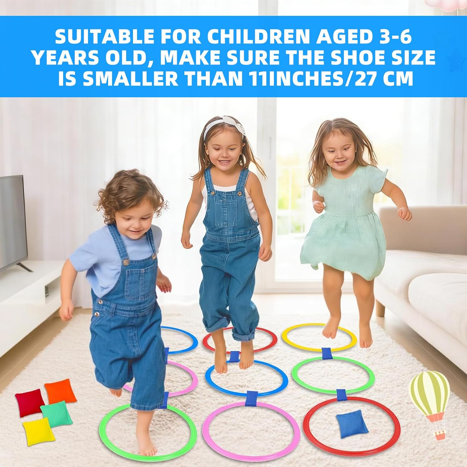 2 in 1 Hopscotch and Bean Bag Toss Set, Hopscotch Ring Game, Bean Bag Toss Game,10 Multi-Colored Plastic Rings and 10 Connectors for Indoor Outdoor Balance Agility Training Obstacle Course