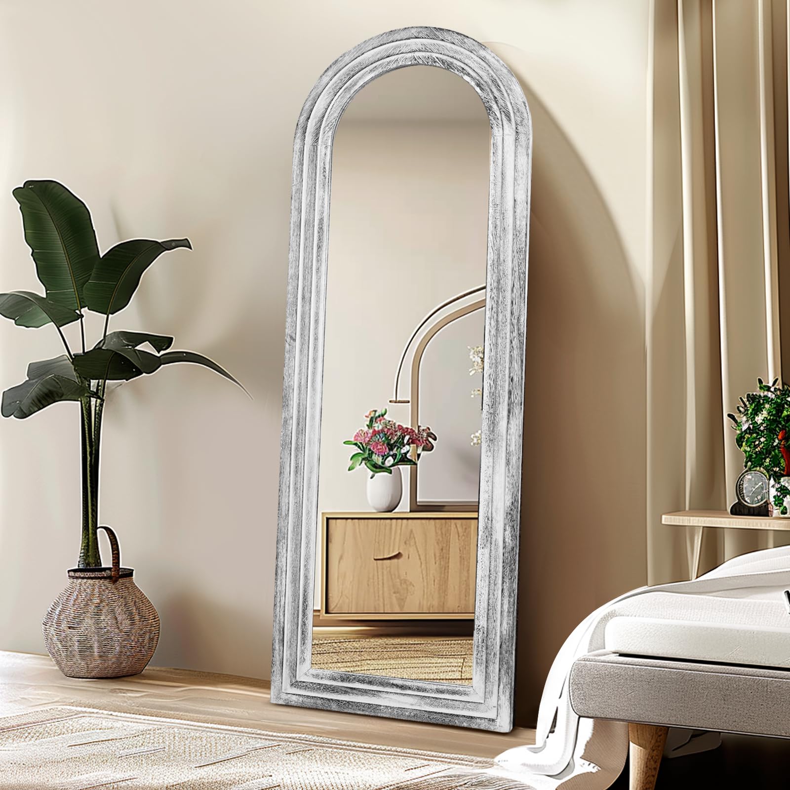 (similar)65\"x22\" arched full length mirror solid wood frame floor large mirror for living room, bedroom hanging standing or leaning wall-mounted, white