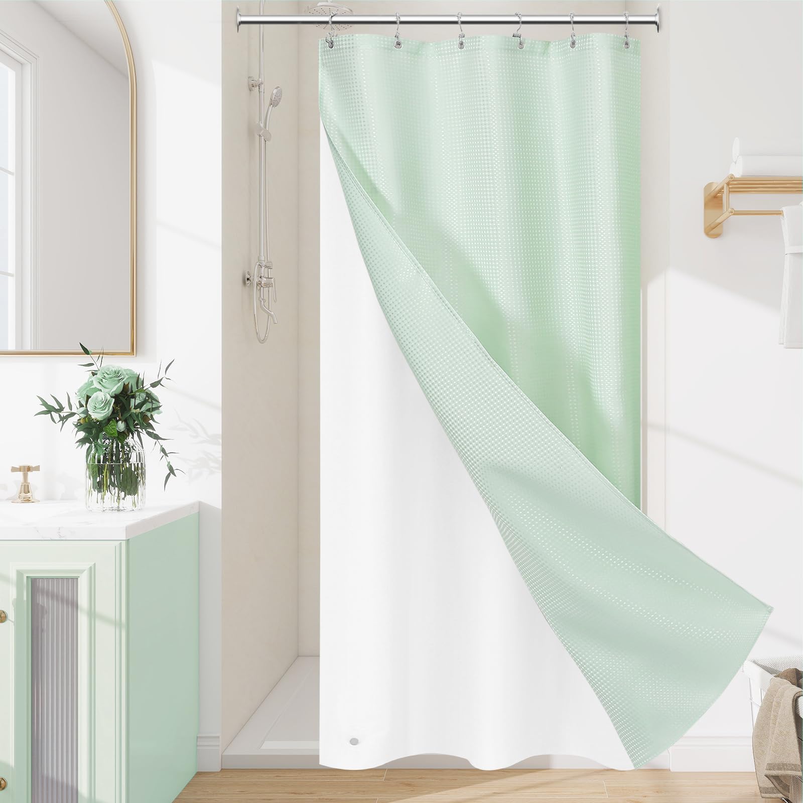 3 in 1 Mint Green Shower Curtain Set with PEVA Liner & 6 Hooks, 36 x 72