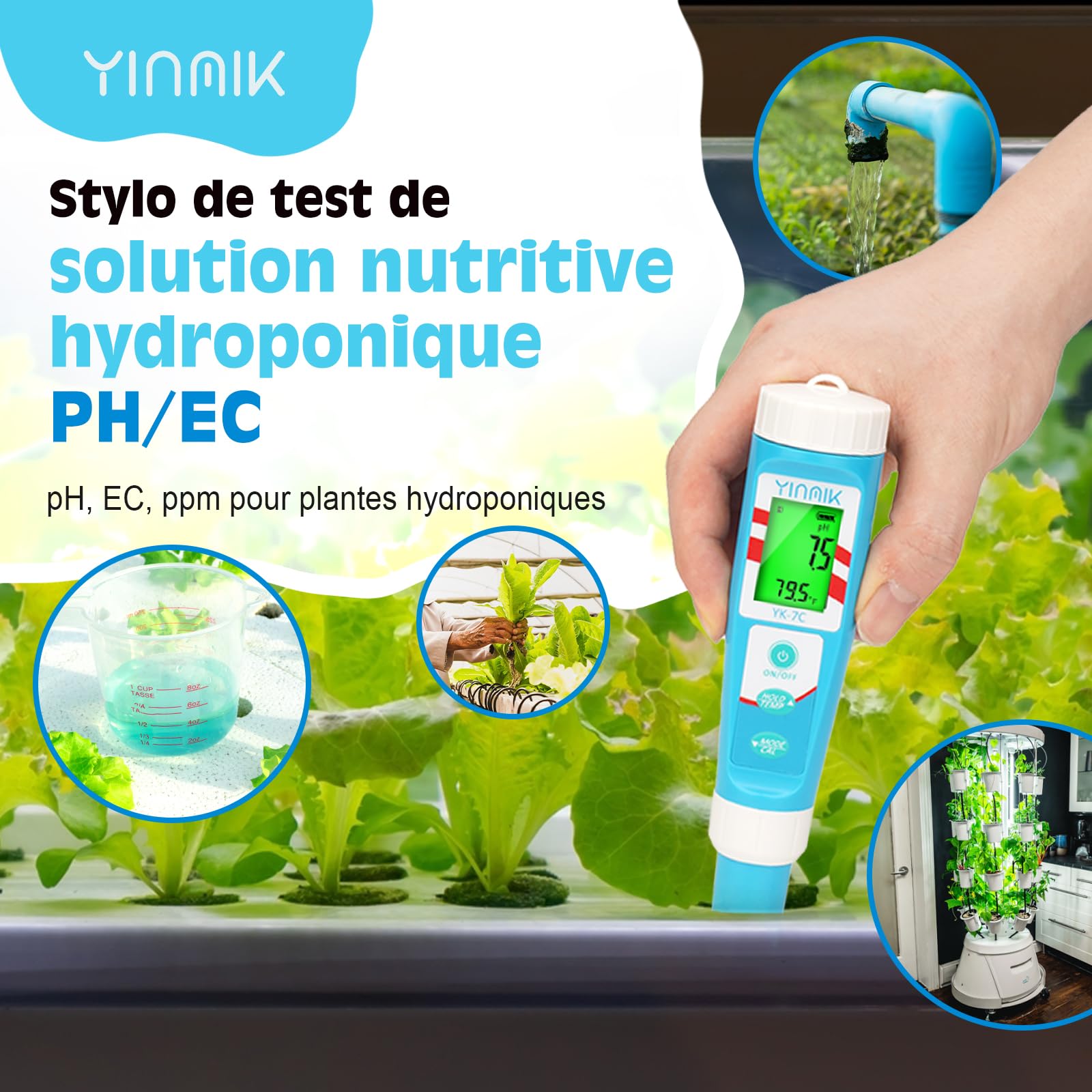 YINMIK Testeur Chlore Piscine, Testeur pH et Chlore, Testeur pH Sel Piscine,Testeur pH Electronique Tester le Bain d'eau Salée du Bain,Hydroponique, Spa