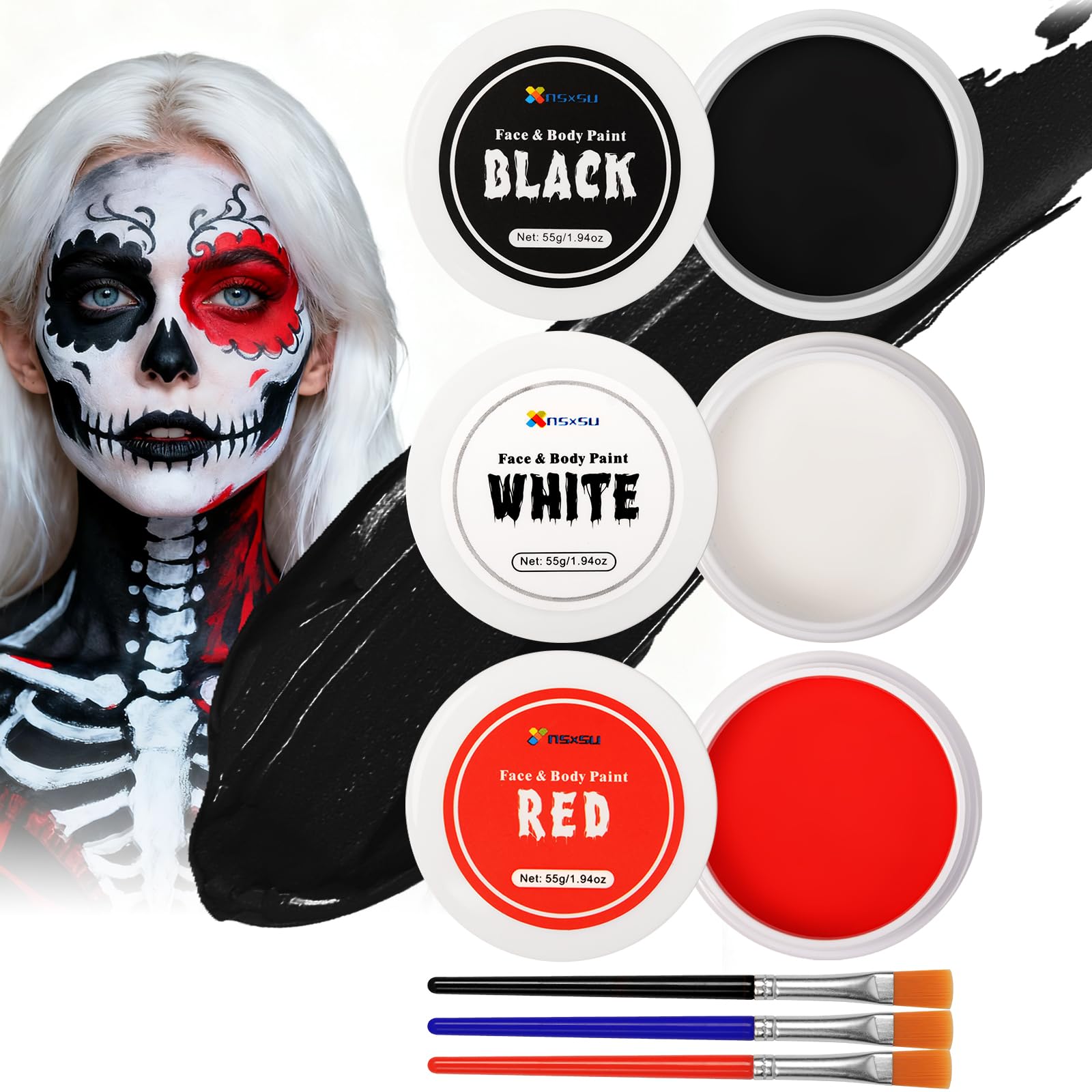 nsxsu Face Painting Kit White Black Red 165g(5.8oz), Face Paint Professional for Adults, Body Paint Set with Brushes for Halloween Makeup Cosplay Skull Clown Art Theater Valentine Gifts