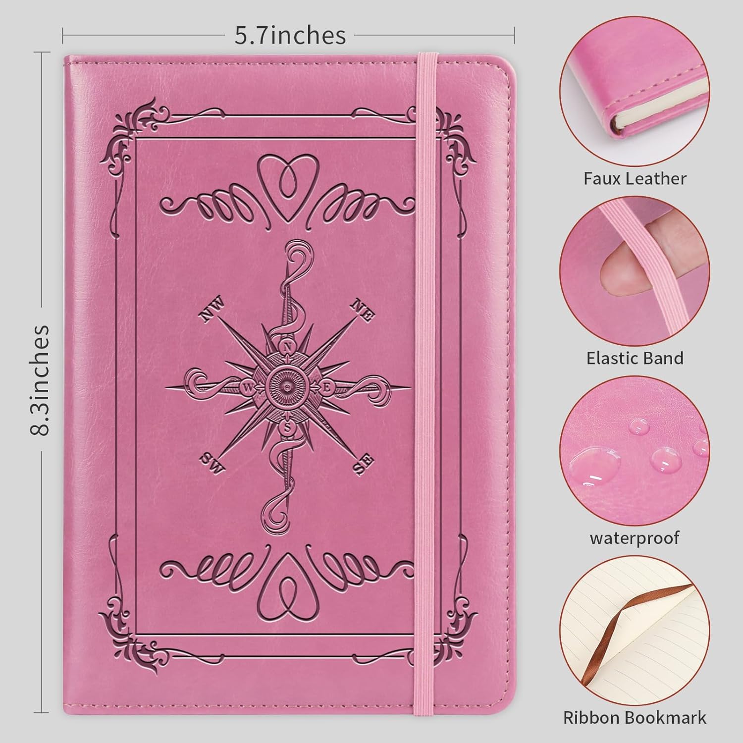 Compass Gift Compass 2pcs PU Leather Notebook Journal for Men A5 Travel Notebook Compass Lined Journals for Office Daily Writing (2pcs compass-pink)