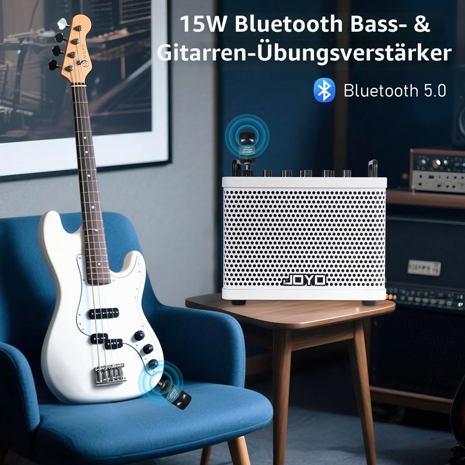 JOYO 15 W Tragbarer Bassverstärker – 9 Verstärkermodelle + 6 Effekte (Modulation, Looper&Rhythmusmaschine) | Wiederaufladbarer Akku | Digitale Modellierung | zum Üben und für kleine Konzerte (DC-15B)
