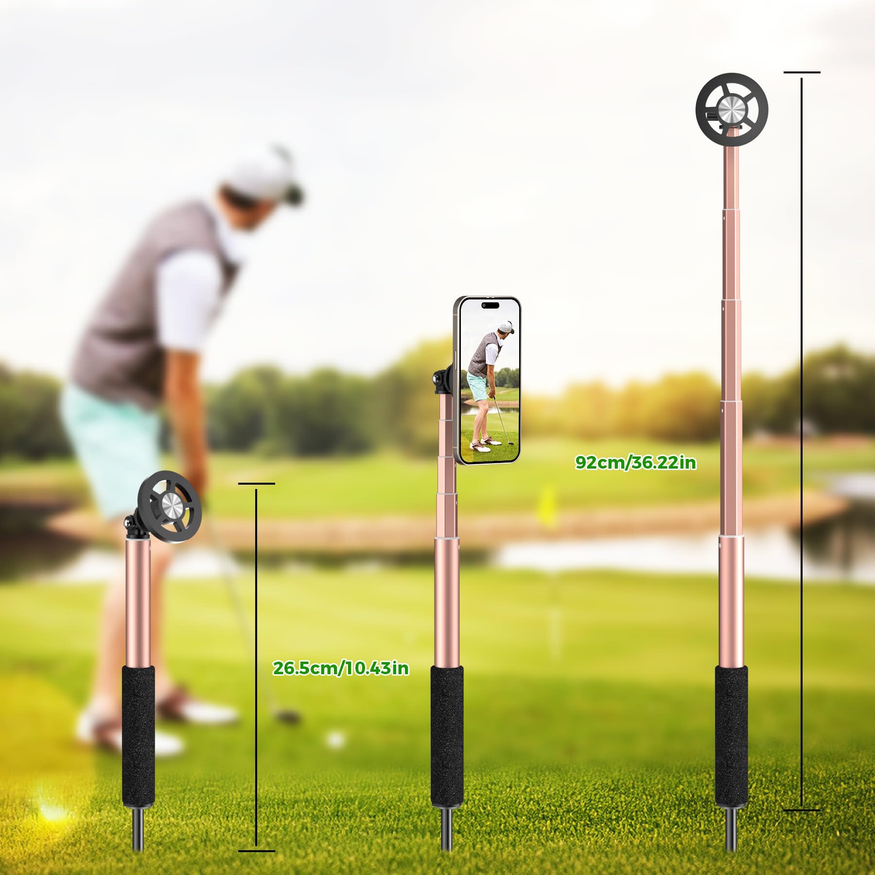 Perche à selfie de golf avec piquet et trépied, support magnétique MagSafe pour téléphone, rotation à 360°, perche réglable de 73 à 119,4 cm pour enregistrement de swing, entraînement de