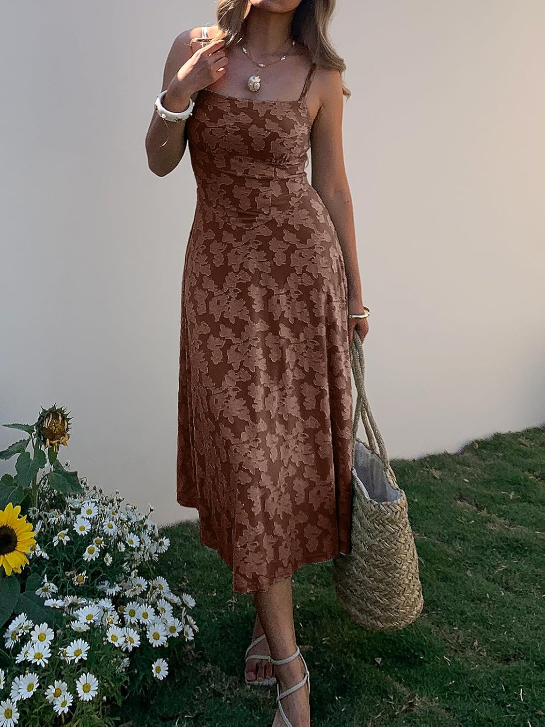 Mieazom Womens Floral Maxi Dress Spaghetti Strap Fitted A Line Long Sundress Sleeveless Elegant Summer Vacation Resort Dress