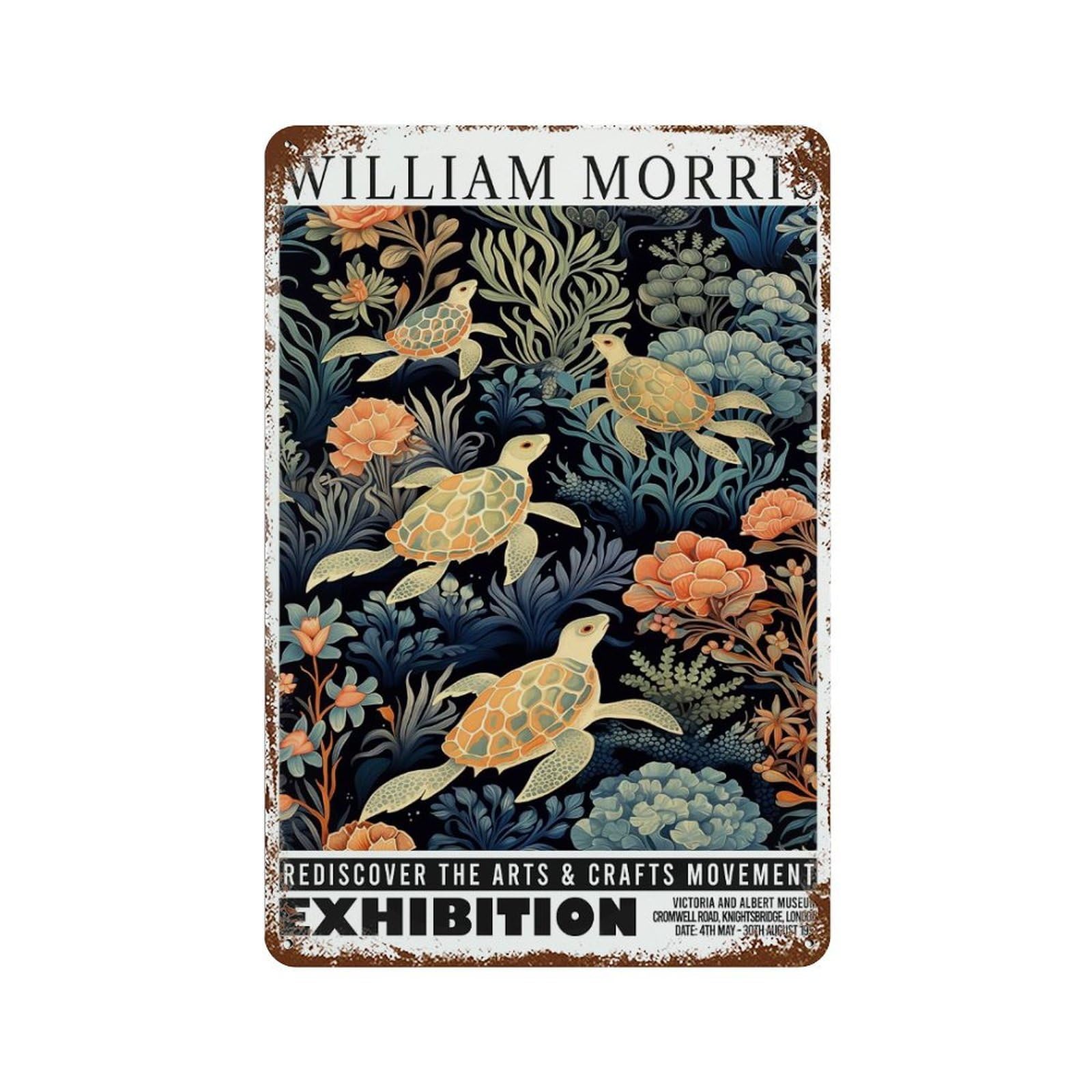 Aged Metal Wall Plaque with Turtle Morris Exhibition Botanical Design 11.8"x7.9", for Shed, Workshop And Garage Wall Decor, Decorative Metal Wall Art