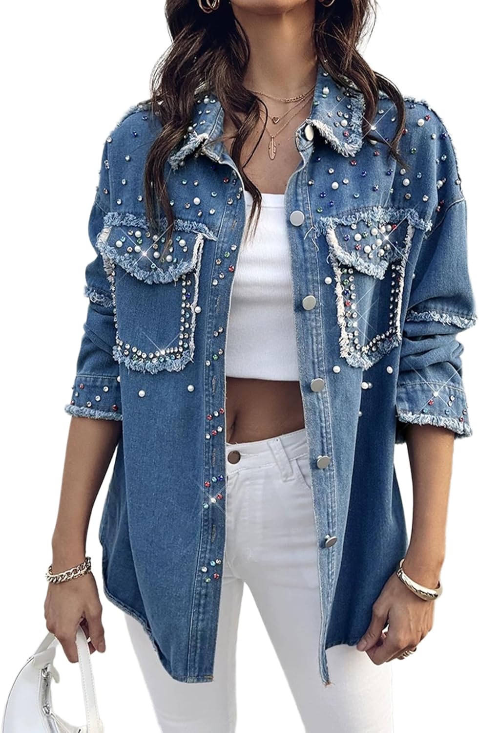 Huang's Women's Denim Jacket with Embellished Shiny Studs, Non Stretch Distressed Jean Coat