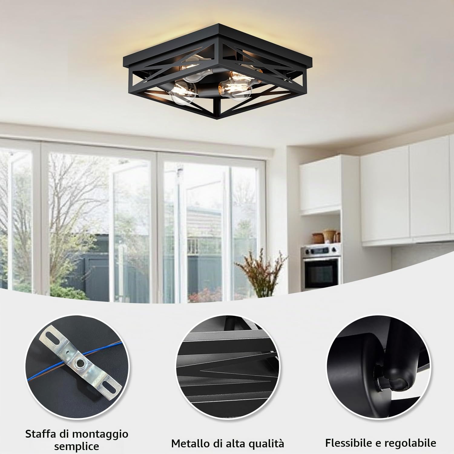 LVWIT Faretti LED Soffitto Nero, Plafoniere da Soffitto Rustica con 4 Luci, Lampada Soffitto Camera da Letto E27, Faretti Soffitto Orientabili per Soggiorno, Fattoria, Cucina, 35CM (Senza Lampadina)