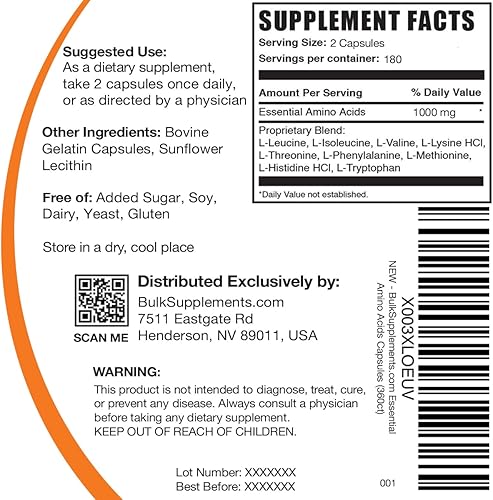 Miniatura 2 de BULKSUPPLEMENTS.COM Cápsulas de aminoácidos esenciales  Cápsulas de AAA, suplemento de aminoácidos esenciales, aminoácidos EAAs  Suplementos AAA, 2