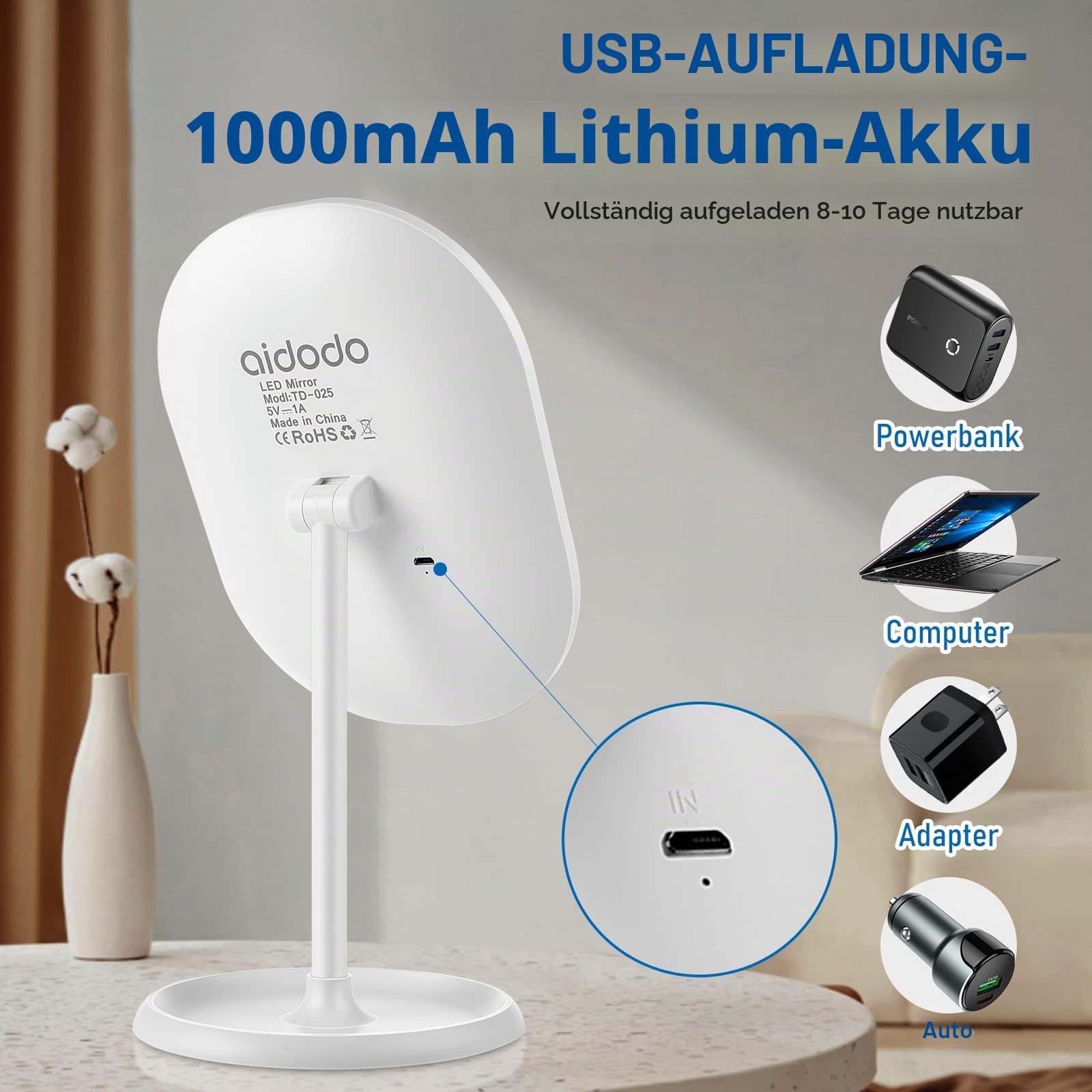 Schminkspiegel, Tischspiegel Rasierspiegel Schminkspiegel Beleuchtet mit Dimmbarer Helligkeit LED Licht, Mit 10X Vergrößern Spiegel, 180° Faltbarer Tischspiegel, Freund