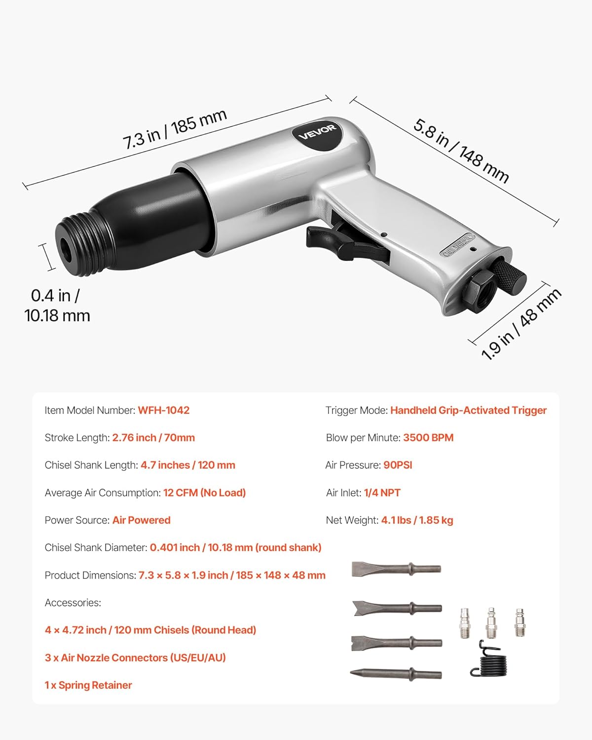 VEVOR Air Hammer, 3500BPM Pneumatic Hammer with 2.76 inch Stroke & 4PCS Chisels Round Shank, Pistol-Grip Compact Air Chisel Pneumatic Shovel Tool for Cutting Punching Scraping