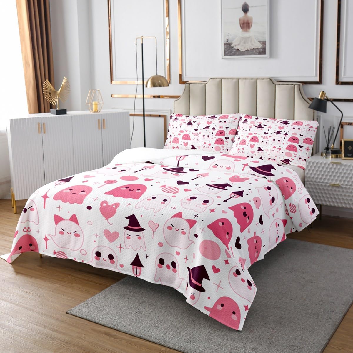 Erosebridal Kids Cute Halloween Decor Quilt Set Queen Size, Pink Halloween Bedspread for Girls Teens Child, Pink Ghost Coverlet, Sweet Candy Sugar Love Heart Bedding Set