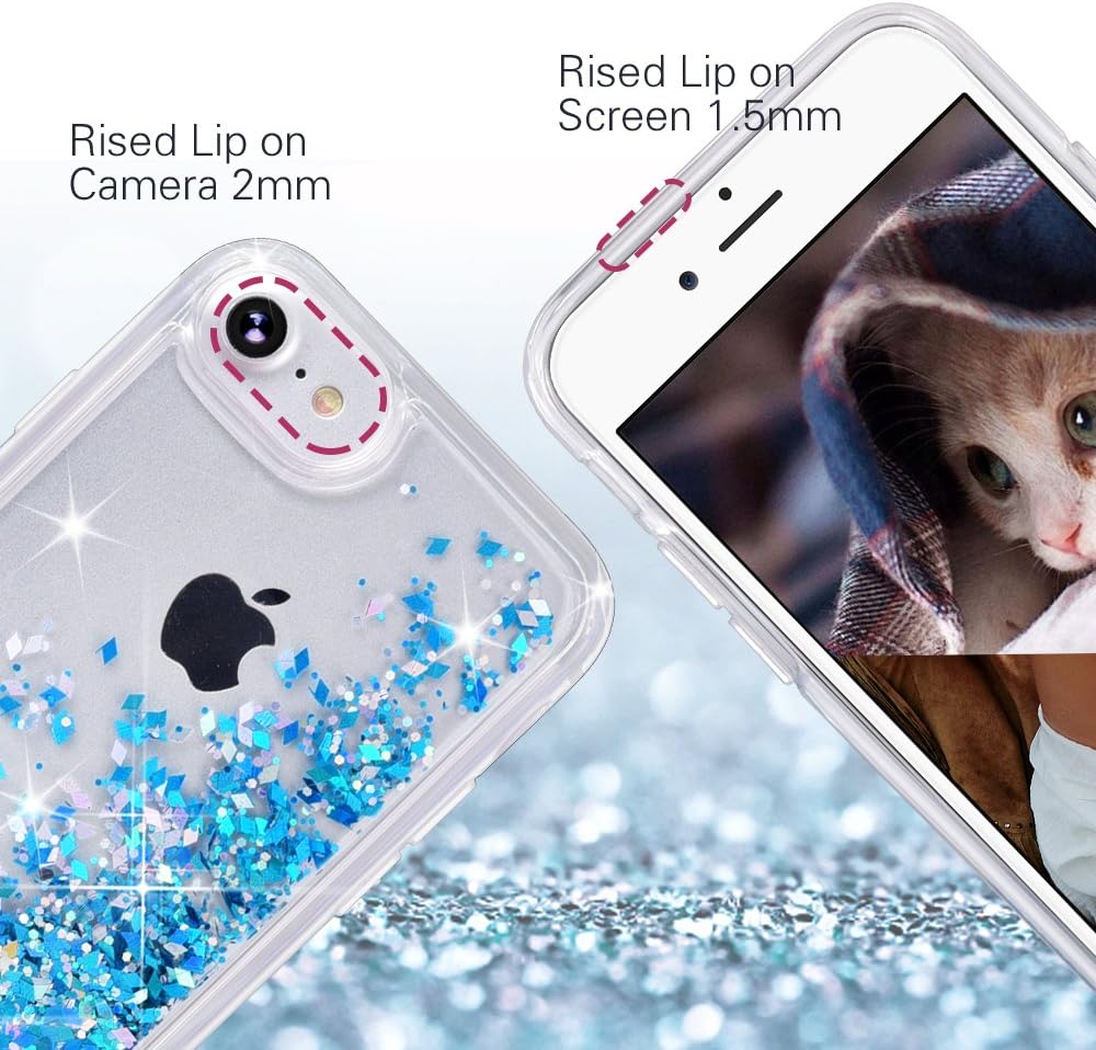 Maxdara iPhone 8 Case, iPhone 7 Glitter Liquid Women Case Tempered Glass Sreen Protector Floating Bling Sparkle Luxury Pretty Protective Girls Case iPhone 6 6s 7 8 4.7 inches (Blue)