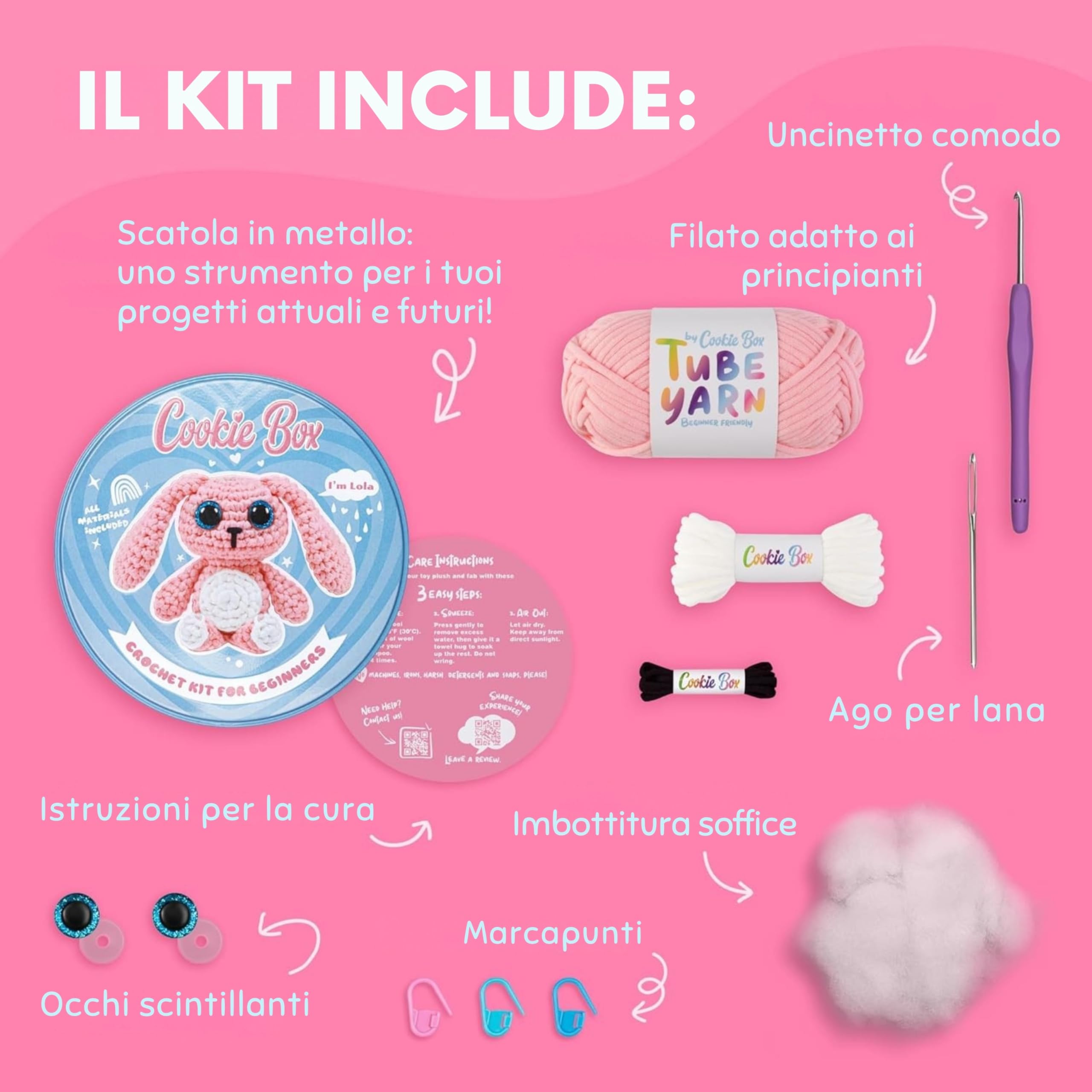 Cookie Box Kit Uncinetto per Principianti – Realizza un Amigurumi Fai-da-Te con Filato, Uncinetto, Imbottitura, PDF & Video – Regalo per Adolescenti e Adulti – Bunny Lola