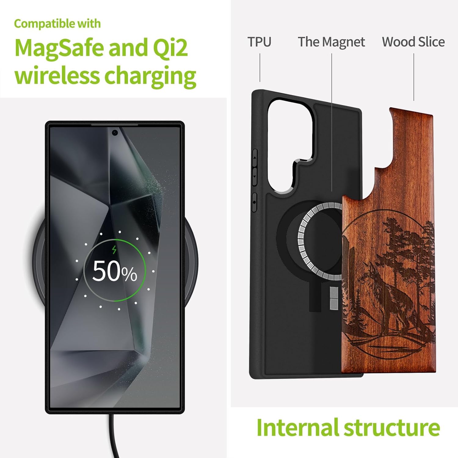 Carveit Magnetic Wooden Case for Samsung Galaxy S25 Ultra Case 2025, TPU Shockproof Cover & Wood Artisan Engraved, Compatible with MagSafe Wireless Chargers (Fox and Woods) Rosy