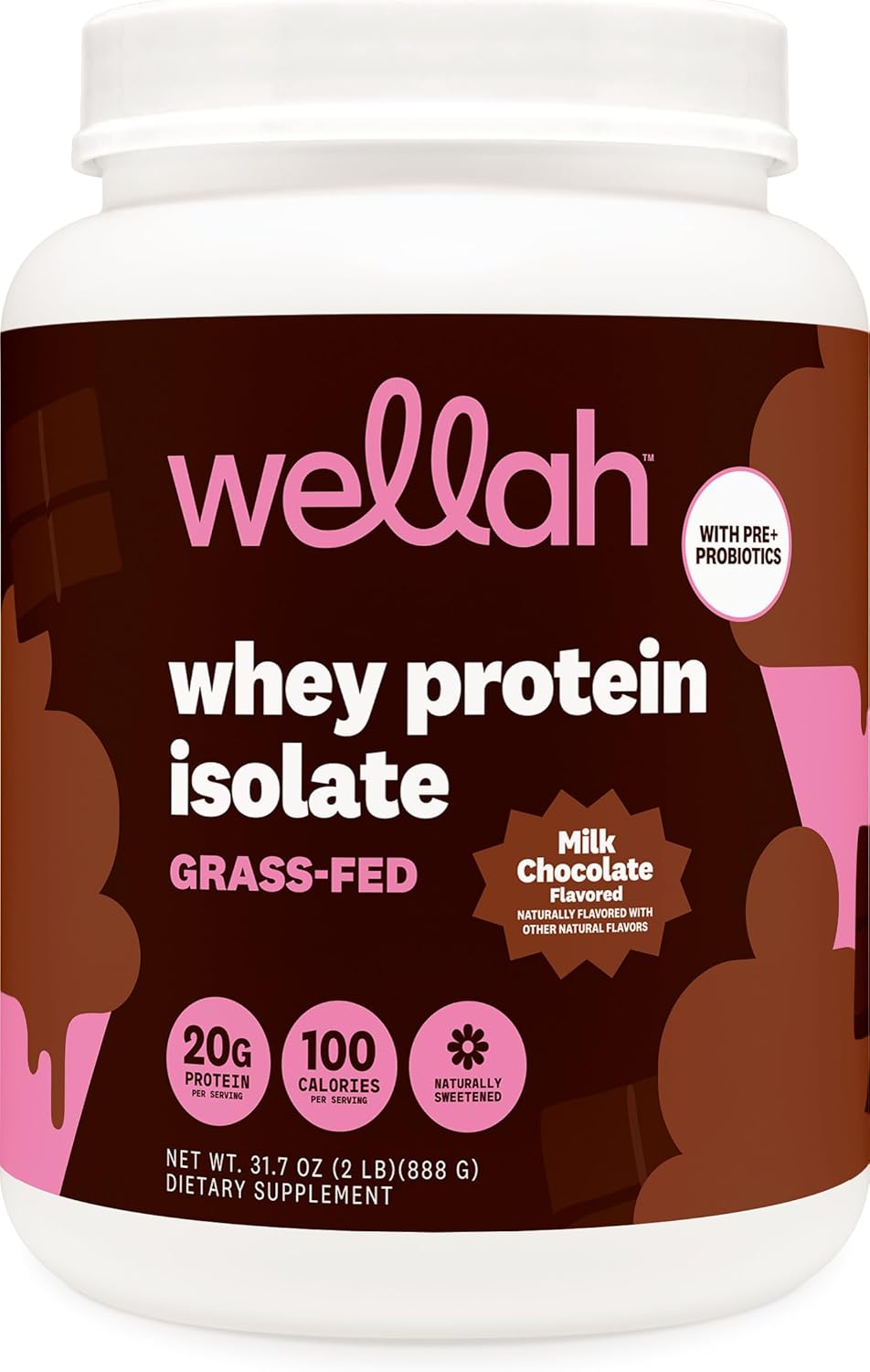 Wellah Grass-Fed Whey Protein Isolate Powder (Milk Chocolate) 30 Servings - with Prebiotics, Enzymes & Probiotics, 20g of Protein, 100 Calories, Naturally Sweetened