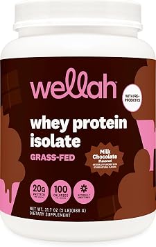 Wellah Grass-Fed Whey Protein Isolate Powder Milk Chocolate 30 Servings - with Prebiotics, Enzymes & Probiotics, 20g of Protein, 100 Calories, Naturally Sweetened