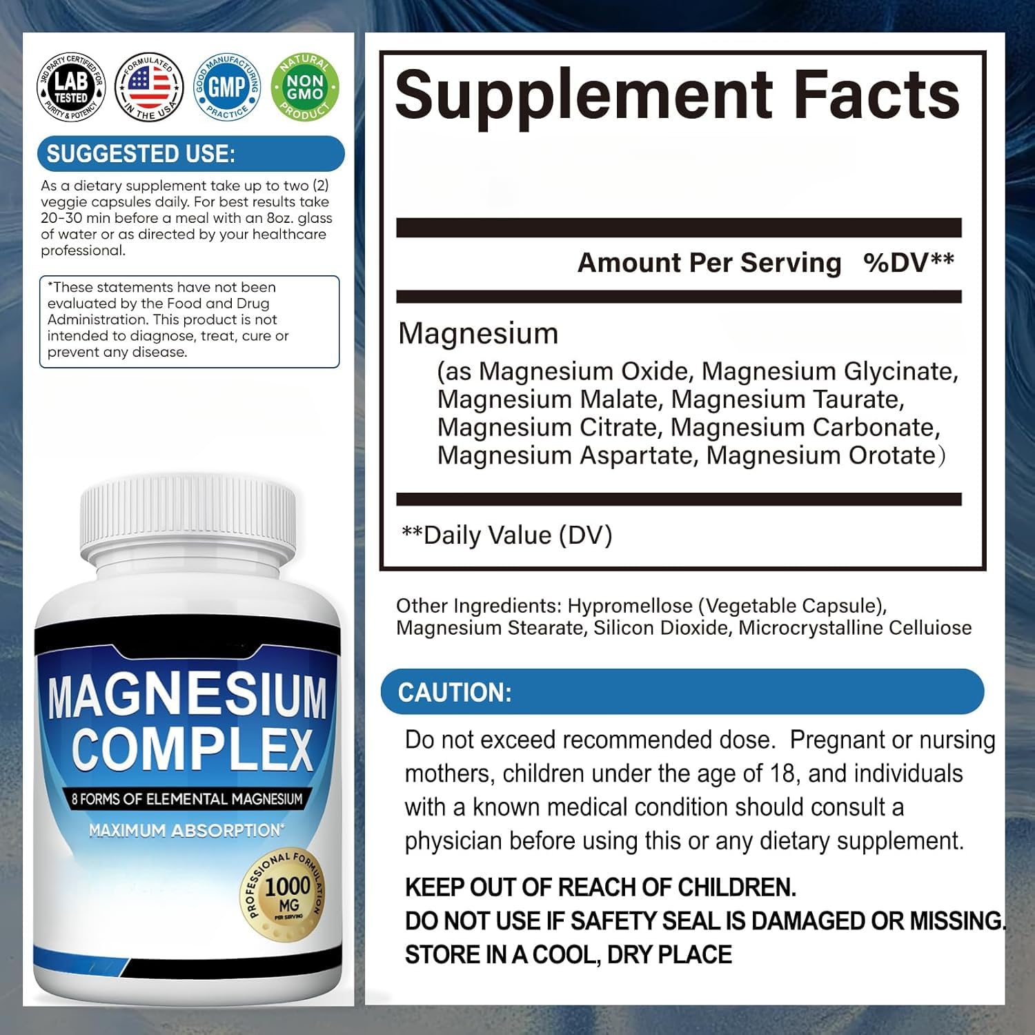 Magnesiumkomplex, 8 in 1, – Glycinat, Citrat, Malat für einfache Absorption, unterstützt Entspannung, Schlaf, Muskelfunktion und Knochengesundheit, Oxid, Aspartat, Orotat, gentechnikfrei