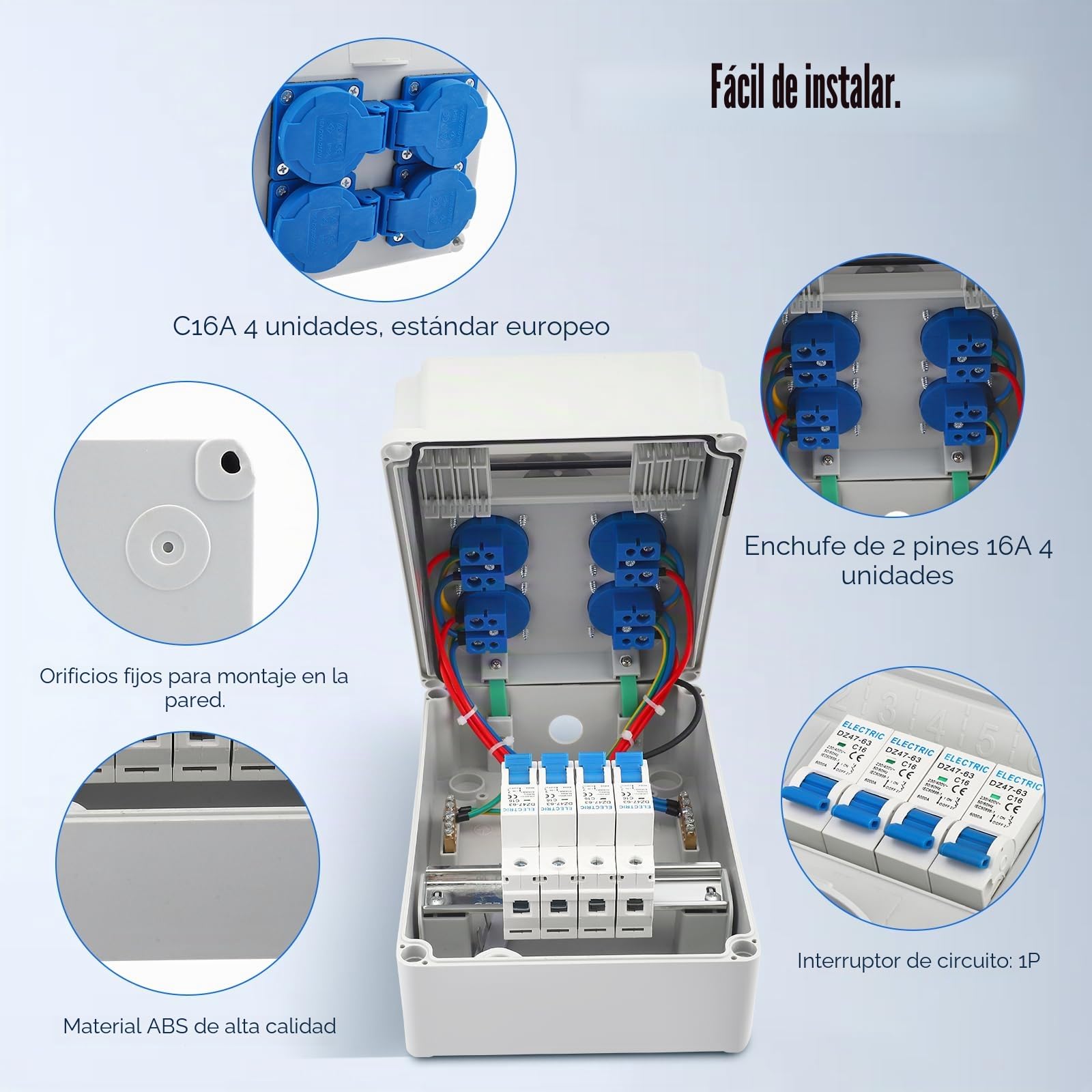 Caja de Distribución Eléctrica para Obra 16A, Distribuidor de Corriente 230V para Construcción IP67 para Montaje en Pared con con 4 Enchufes Schuko Disyuntor, para Talleres, Fábricas y Obras