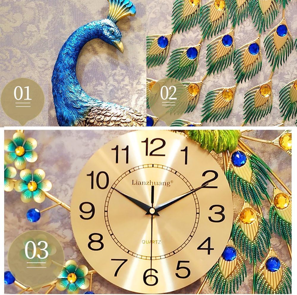 Reloj de pared grande de pavo real, 29.5 pulgadas, reloj de pared grande de pavo real, decoración de cristal, hierro forjado y esfera metálica,