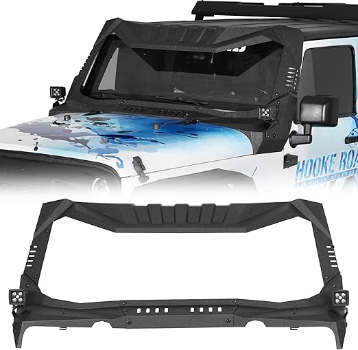 Hooke Road Madmax Windshield Frame Cover Roof Sun Visor Cowl Body Armor for 2007-2018 Jeep Wrangler JK & JKU Unlimited (2 or 4 Doors) with 2 LED Lights