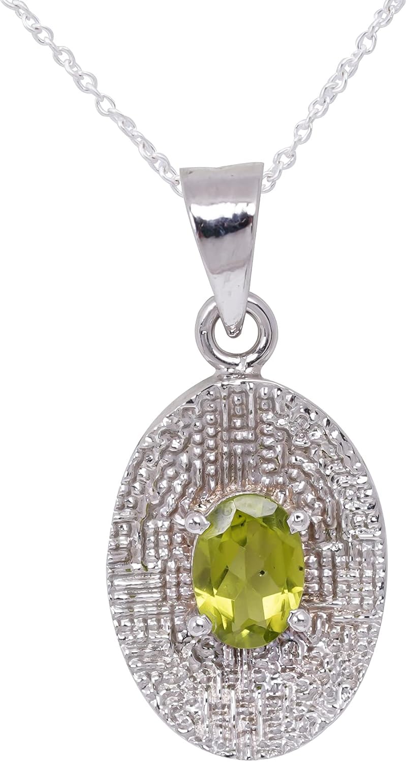 Natural Peridot Gemstone Brilliant Oval Dainty Pendant Necklace, Zodiac, August Birthstone, Healing Crystals Women Jewelry in 925 Sterling Silver Chain 18 inch