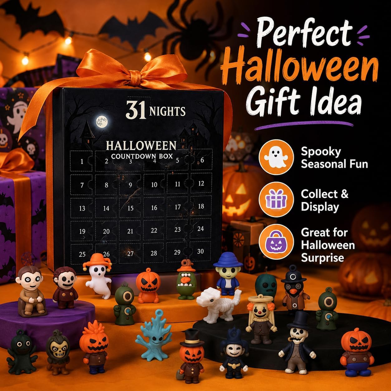 Halloween Advent Calendar 2026, 31-Day Countdown Box with 31 Mini Spooky Figurines, Surprise Box Collectible Horror Figures for Adults and Teens Gift,Boo Basket Stuffers Party Favors Decor