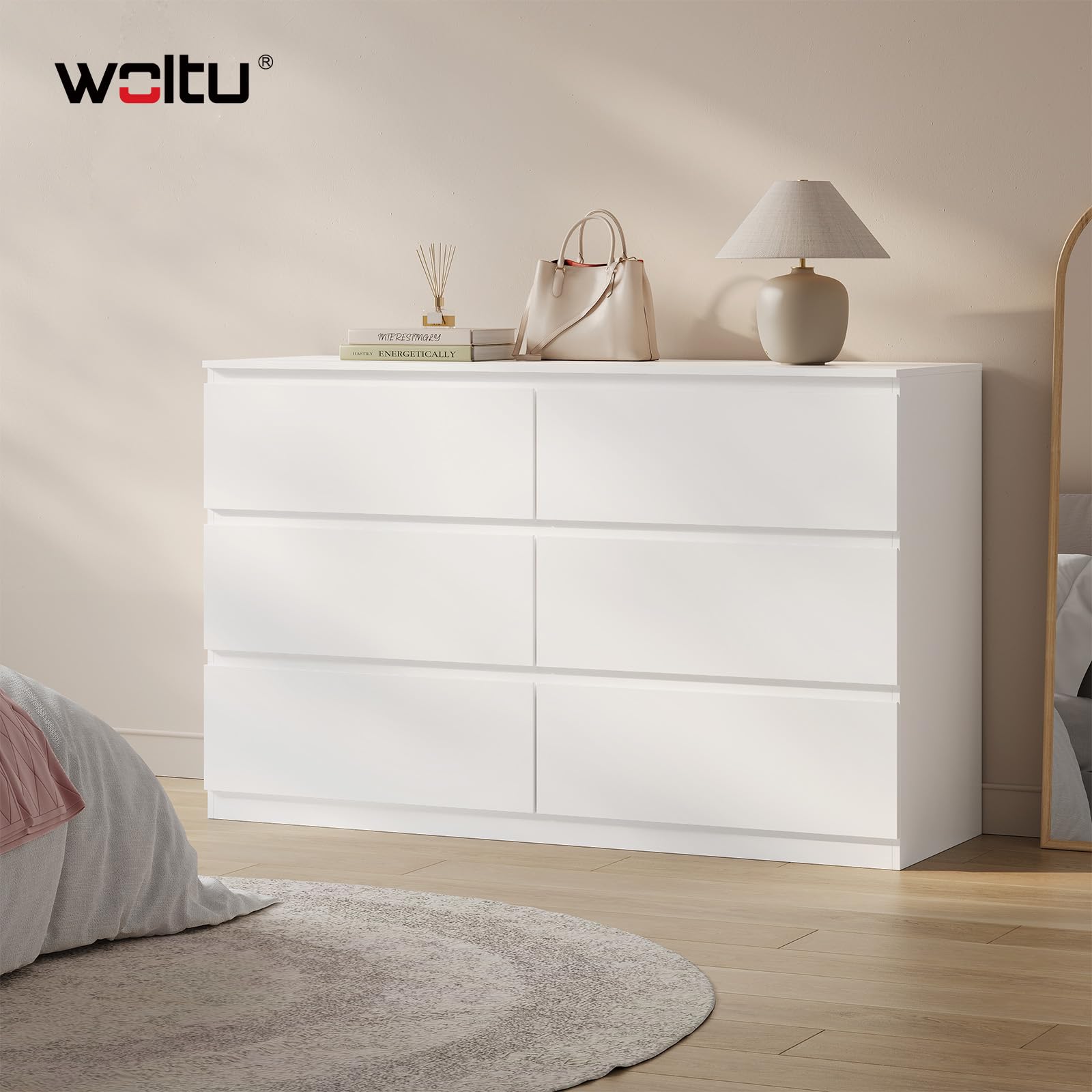 WOLTU Commode Chambre, Meuble de Rangement, avec 6 Tiroirs, pour Salon, Entrée, Style Moderne, en Bois d'Ingénierie, 120x40x75 cm, Blanc