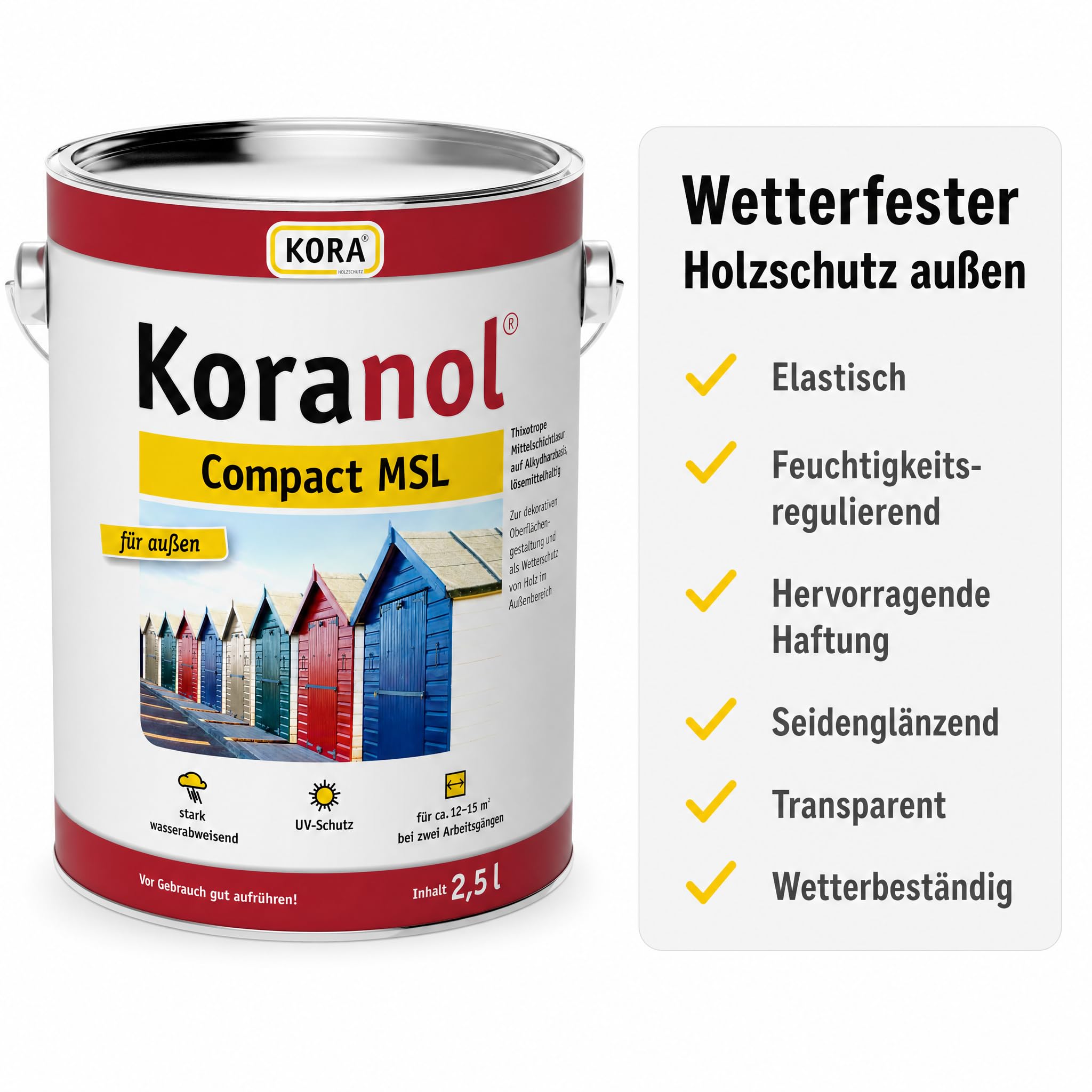 KORA® Koranol® Compact MSL Mittelschichtlasur - Lasur für Holz außen z. B. Fenster, Türen & Holzhäuser - wetterfest, wasserabweisend, seidenglänzend (Eiche hell, 5 Liter)