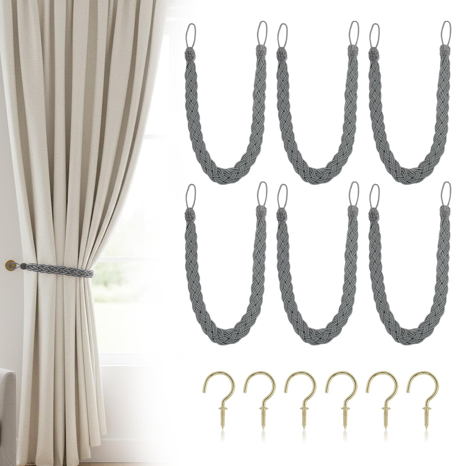 Uxney Silver Curtain Tiebacks, 6 Pack Hand Braided Rope Curtain Holdbacks with Metal Hooks – Heavy Duty Silver Tie Backs for Drapes, Window Treatment Decorative Holdbacks for Living Room