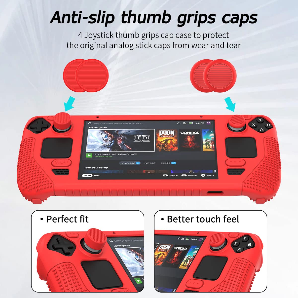 SUIHUOJI Steam Deck/Steam Deck OLED - Funda protectora de pie de silicona gruesa, cubierta suave con 2 pares de agarres para el pulgar, protección completa para cubierta de flujo de válvula (rojo)