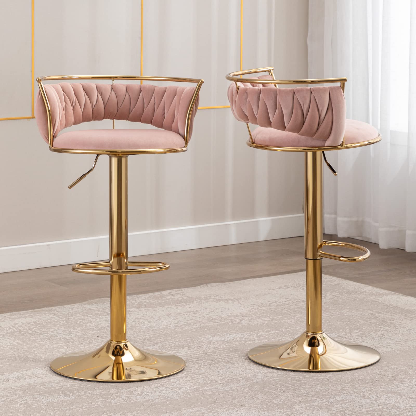 HEAH-YO Woven Bar Stools Set of 2, Adjustable Counter Height Bar Stools with Back and Solid Gold Base, Velvet Swivel Kitchen Stools for Island Home